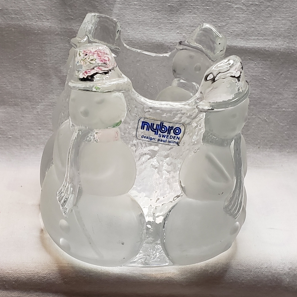 Vintage 1985 Nybro Sweden Frosted Glass Snowman Candle Holder
